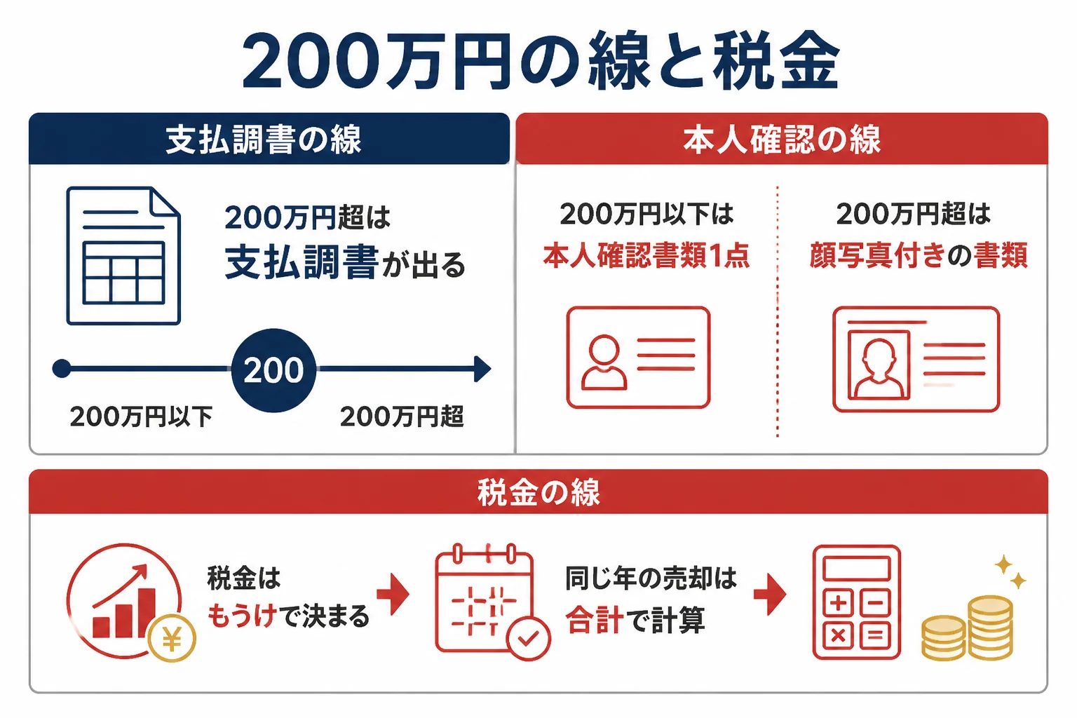 おたからやで金を売る時に、200万円を超えるかどうかで変わる準備と、税金がもうけで決まる流れを示した図解