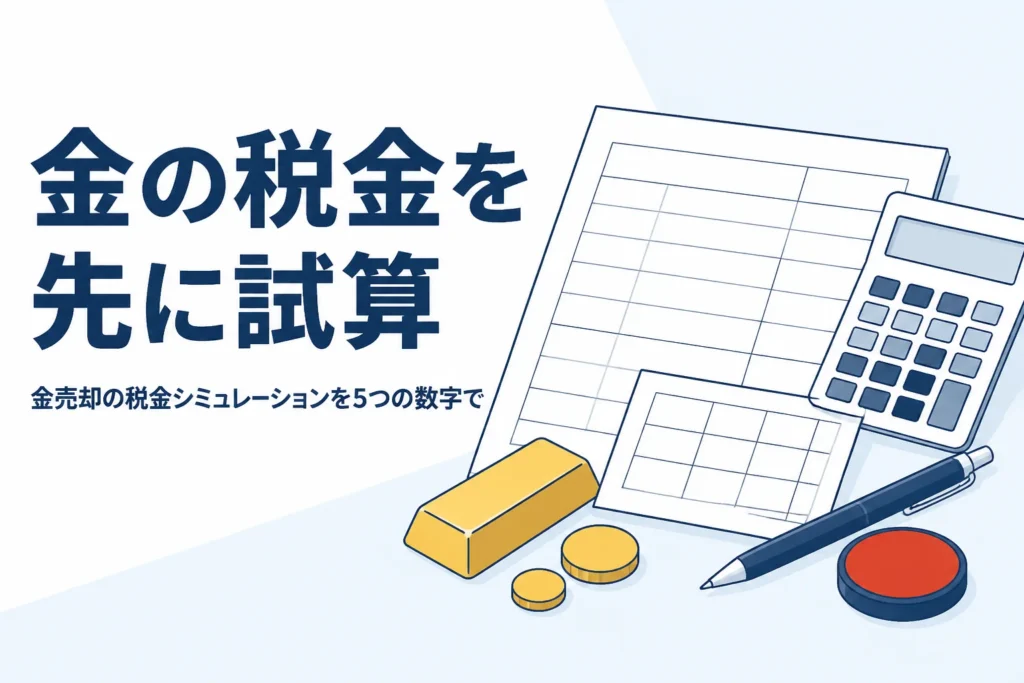 金売却の税金シミュレーションを電卓と早見表で行うイメージ