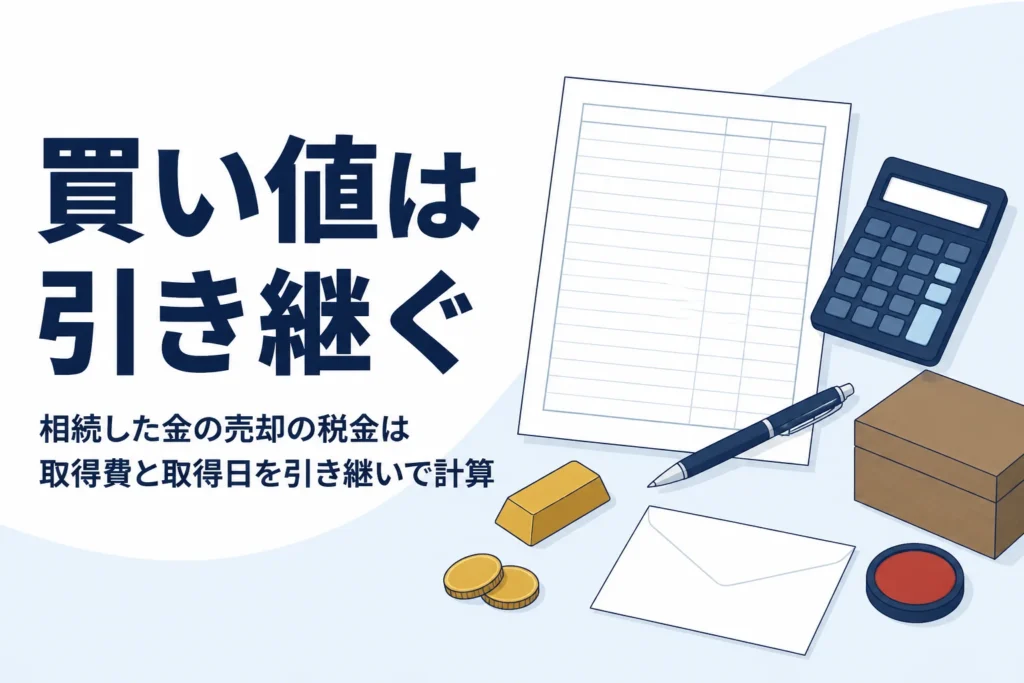 相続した金の売却の税金と取得費の引き継ぎを表したイメージ